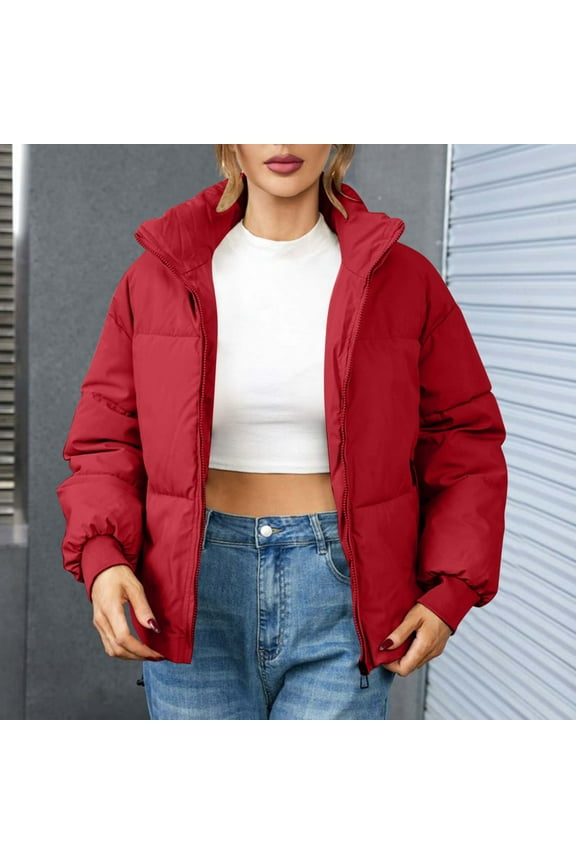 Puffer Jacket Womens Stand Collar Zip up Jackets Warm Padded Quilted Coat with Pockets