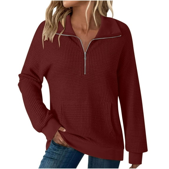 Dealovy Quarter Zip Sweatshirts for Women Loose Lapel Long Sleeve Solid Color Pullover Hoodless Top with Pocket