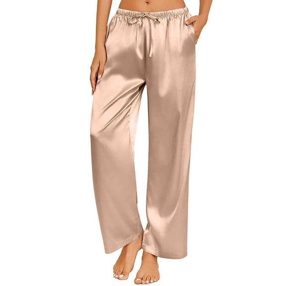 Dealovy Satin Pajamas Pants for Women Drawstring Mid Waisted Pjs Pants Straight Wide Leg Sleepwear Bottoms