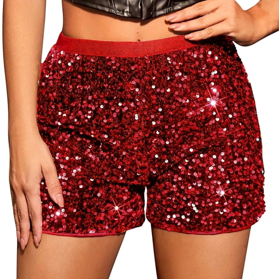 Dealovy Sequin Shorts for Women Casual Summer Elastic High Solid Color Waisted Sparkly Partywear Shorts