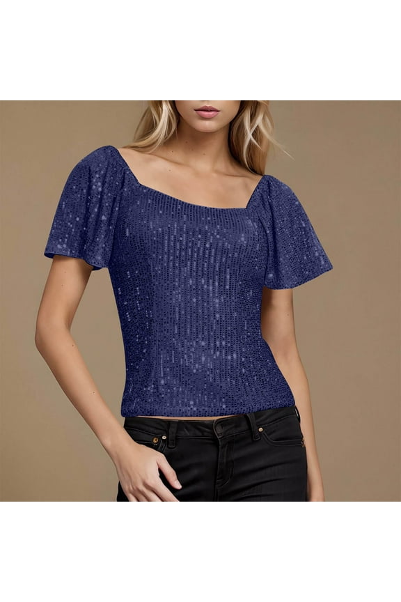 Sequin Tops for Women Square Neck Short Sleeve Drop Shoulder Tunic Tops Sparkly Tops Summer