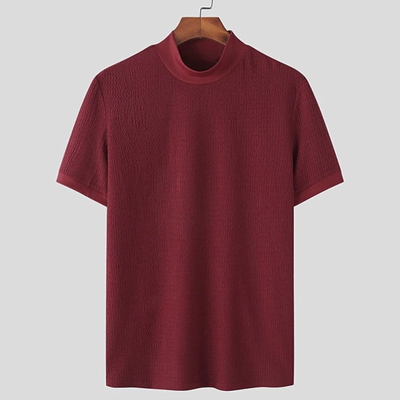 Dealovy Shirts for Men Summer Casual Drop Shoulder Short Sleeve Solid Color Mock Turtleneck Tee Shirts,Wine,S