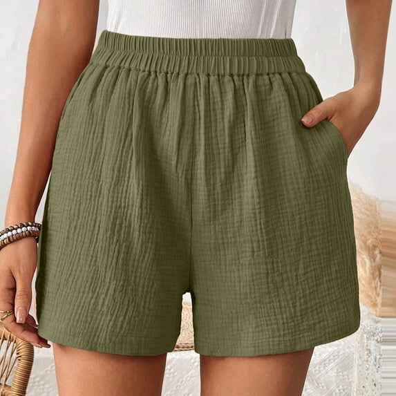 Dealovy Shorts for Women Casual Summer Elastic Waist Wide Leg Solid Color Comfy Beach Shorts with Pockets