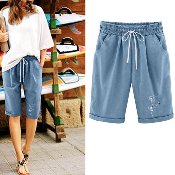 Dealovy Shorts for Women Cotton Linen High Waisted Casual Summer Beach Drawstring Knee Length Shorts