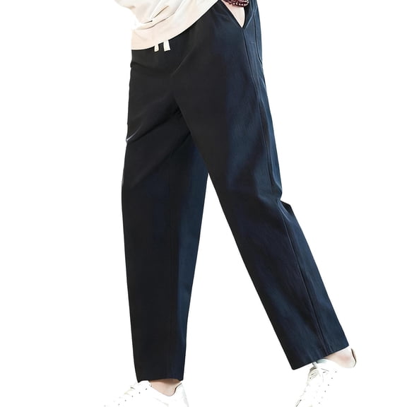 Dealovy Straight Leg Pants for Men Full Length Elastic Waisted Drawstring Trousers Daily Wear Casual Mens Pants