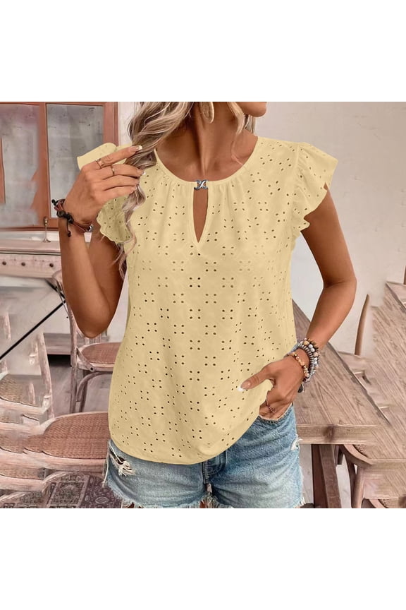 Summer Tops for Women Keyhole Neck Ruffle Cap Sleeve Eyelet Tops Beach Vacation Comfy Tee