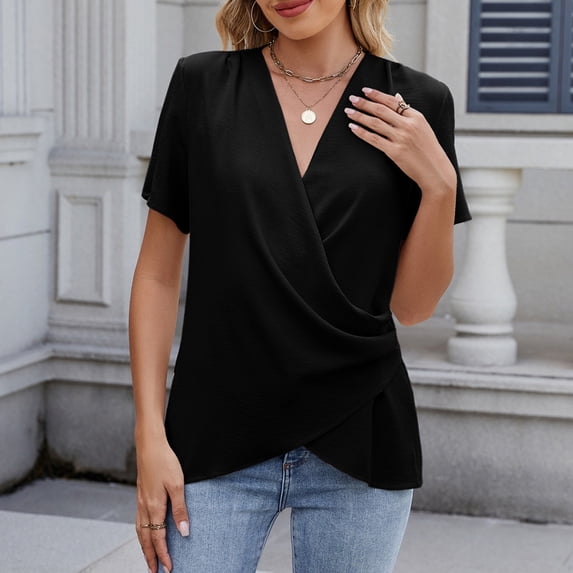 Dealovy Summer Womens Tops V Neck Short Sleeve Ruched Irregularly Loose Casual Work Travel Shirts Tops