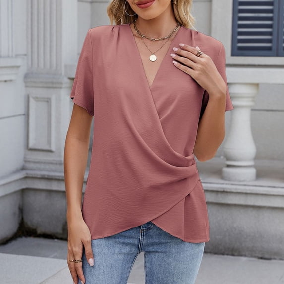 Dealovy Summer Womens Tops V Neck Short Sleeve Ruched Irregularly Loose Casual Work Travel Shirts Tops