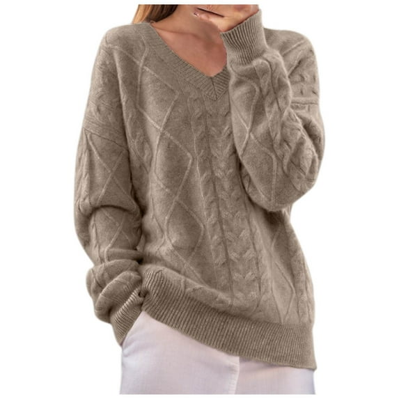 Dealovy Sweater for Women Long Sleeve V Neck Cable Knit Pullover Solid Color Loose Fitted Pullover Tops