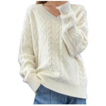 Dealovy Sweater for Women Long Sleeve V Neck Cable Knit Pullover Solid Color Loose Fitted Pullover Tops
