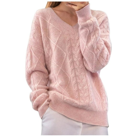 Dealovy Sweater for Women Long Sleeve V Neck Cable Knit Pullover Solid Color Loose Fitted Pullover Tops