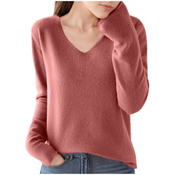 Dealovy Sweaters for Women V Neck Long Long Sleeve Loose Fitted Lightweight Casual Shirts for Women Solid Color