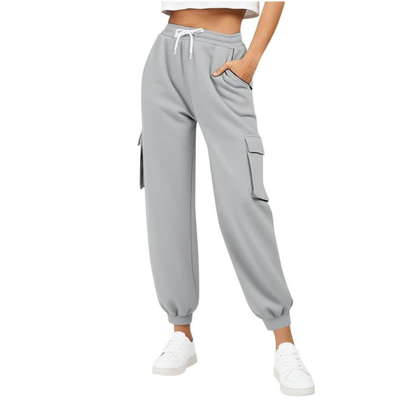 Dealovy Sweatpants Women Casual Elastic Waist Drawstring Joggers Solid Color Baggy Fitness Trousers with Zipper Pockets