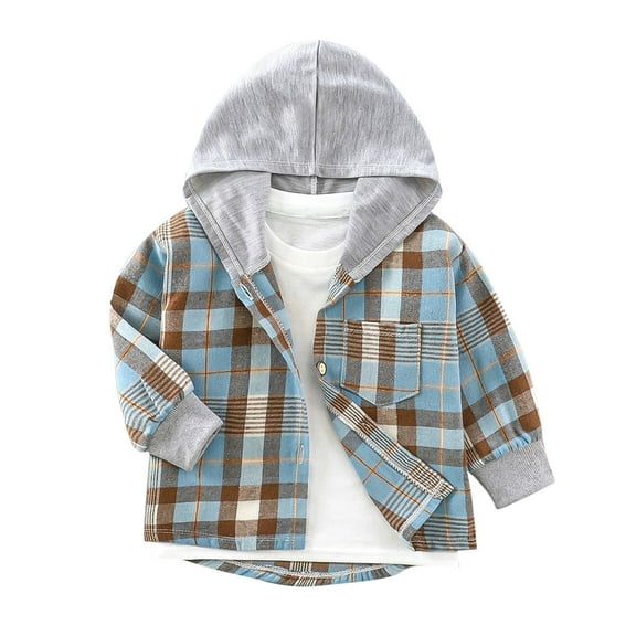 Dealovy Toddler Baby Plaid Shirts Casual Button up Hooded Top Kids Long Sleeve Color Blocked Jackets with Pocket
