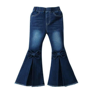 Dealovy Toddler Girls Denim Pants Elastic Waist Flare Jeans Front Split Bowknot Bootcut Bell Bottom Pants