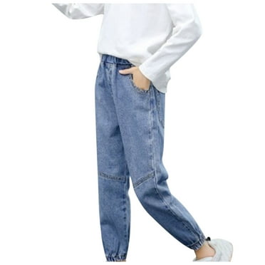 Dealovy Toddler Girls Denim Pants Elastic Waisted Jeans Summer Casual Pull on Joggers with Pockets