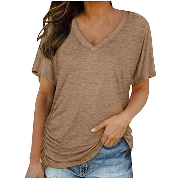 Dealovy Tops for Women Short Sleeve V-Neck Shirts Solid Color Loose Casual Plain Basic Summer T Shirts
