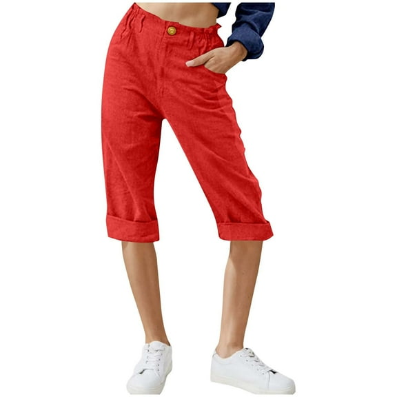 Dealovy Women Capri Pants Plus Size Cotton Linen Elastic Waisted Solid Color Summer Capris with Pockets