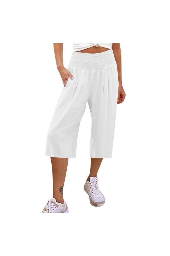 Women Plus Size Capri Pants Cotton Linen Summer Lightweight Smocked Waisted Knee Length Pants