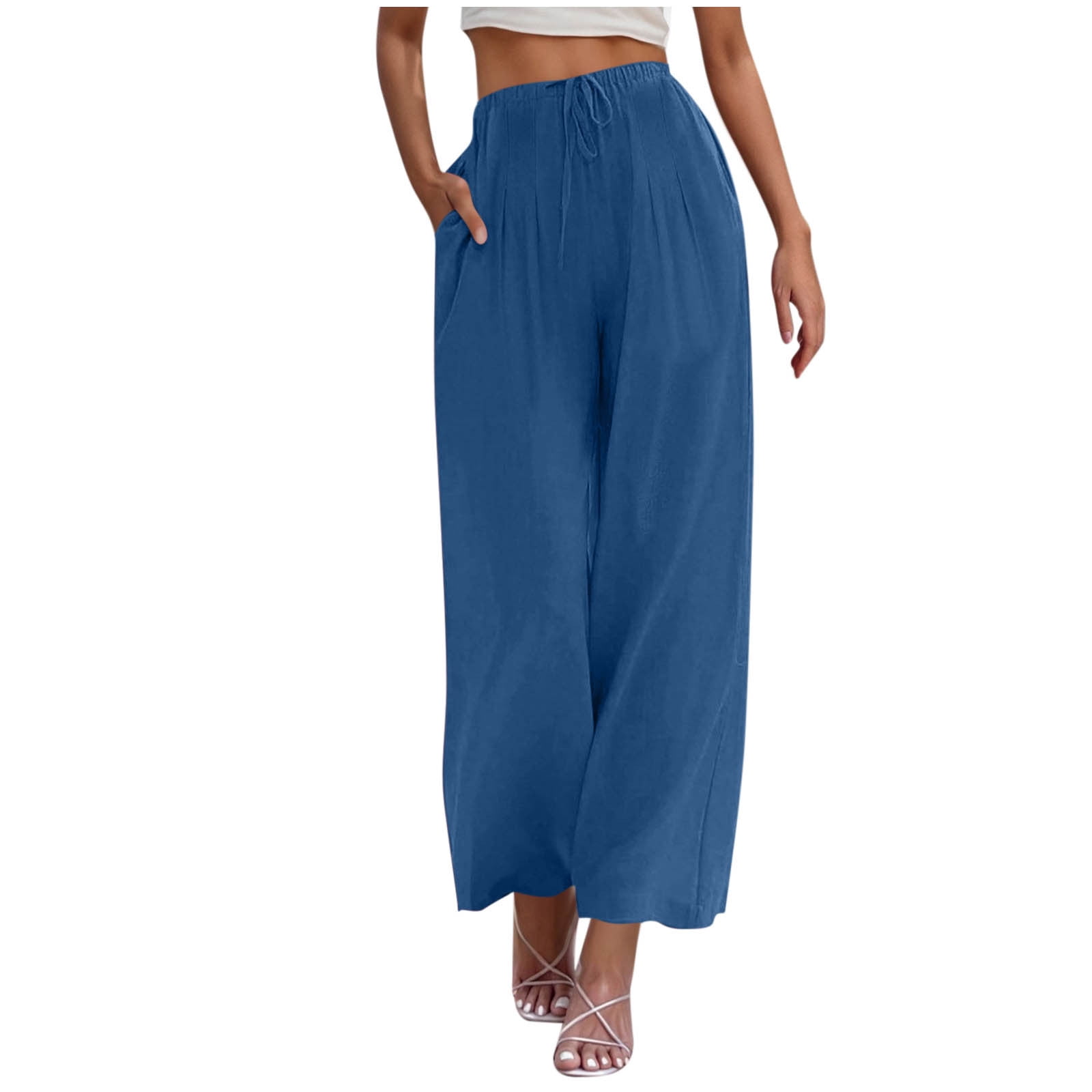 Dealovy Women Summer Pants Wide Leg Casual Flowy Elastic High Waisted ...