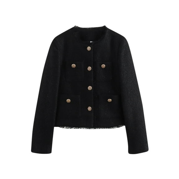 Dealovy Women Tweed Jacket Long Sleeve Button Cropped Jackets Ladies Dressy Casual Blazer Coats
