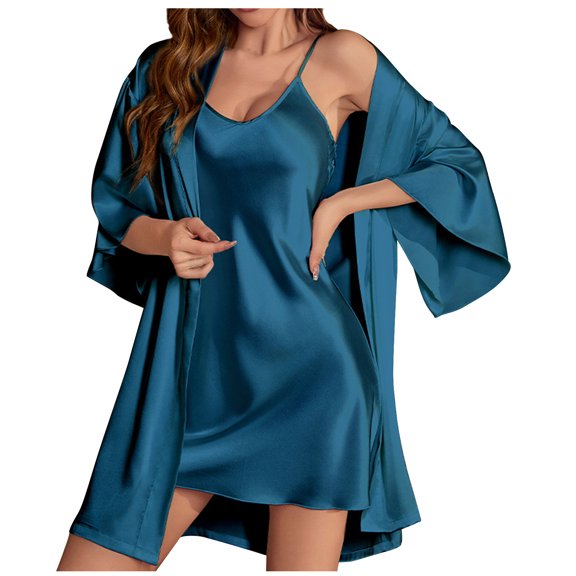 Dealovy Womens 2 Piece Pajama Robe Sets V Neck Nightgown 3/4 Sleeve Bathrobe Loungewear Sleepwear