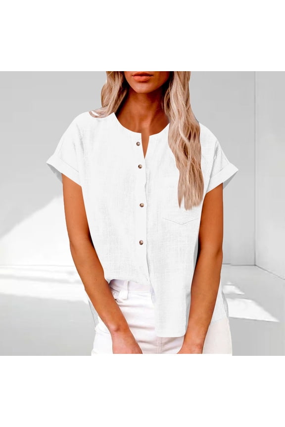Womens Button down Shirts Short Sleeve Drop Shoulder Loose Blouse Lightweight Work Tops with Pocket