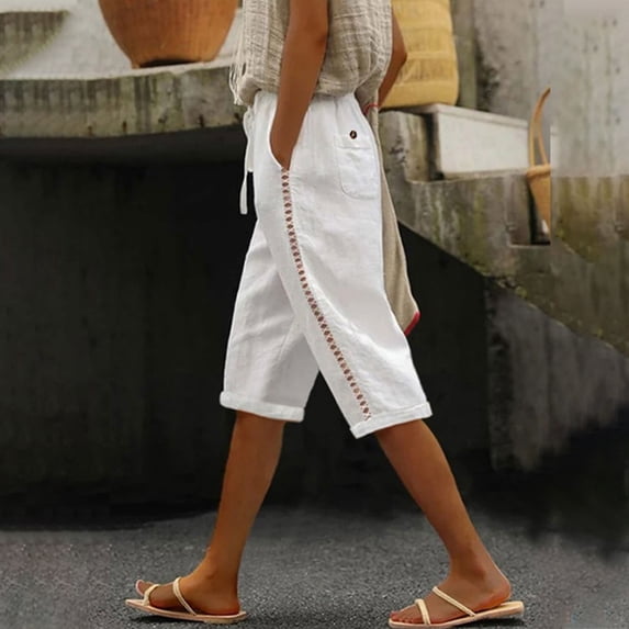 Dealovy Womens Casual Shorts Cotton Linen Drawstring High Risse Baggy Summer Loungewear Knee Length Shorts