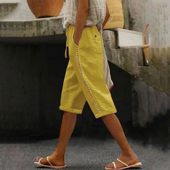 Dealovy Womens Casual Shorts Cotton Linen Drawstring High Risse Baggy Summer Loungewear Knee Length Shorts