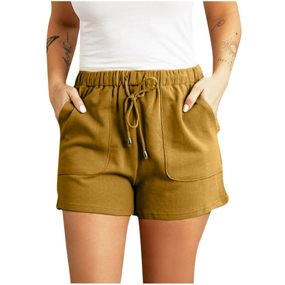 Dealovy Womens Casual Shorts Elastic High Waisted Solid Color Loose Summer Drawstring Shorts with Pockets
