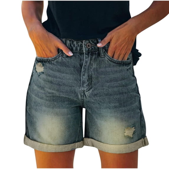 Dealovy Womens Denim Shorts Mid High Waisted Summer Beach Casual Rolled Hem Distressed Trendy Ripped Loose Fitted Hot Short Jeans