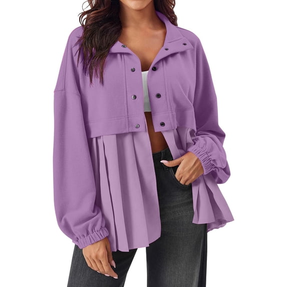 Dealovy Womens Jackets Long Sleeve Button down Shirts Pleated Patchwork Casual Loose Shacket