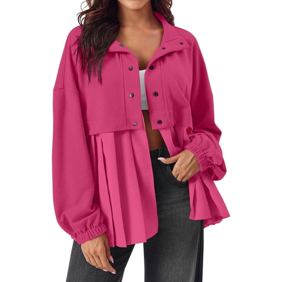 Dealovy Womens Jackets Long Sleeve Button down Shirts Pleated Patchwork Casual Loose Shacket