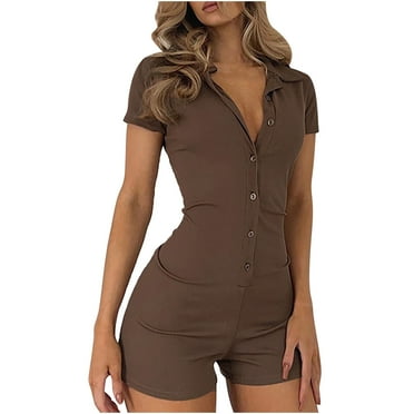 Dealovy Womens Jumpsuits Short Sleeve Button V Neck Low Cut Rompers Slim Fitted Ribbed Shorts 1 Piece Bodysuits