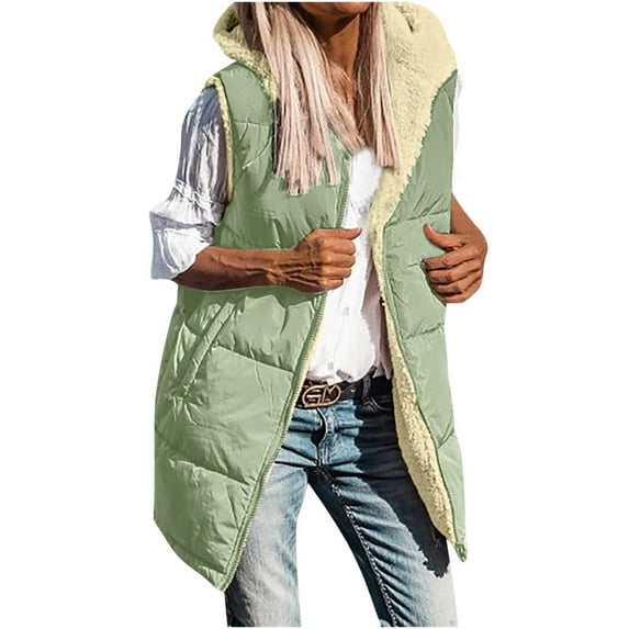 Dealovy Womens Long Vests Sleeveless Puffer Jackets Zip up Hooded down Coat Quilted Vests with Hood Plus Size