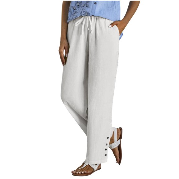 Dealovy Womens Pants Drawstring High Waisted Straight Leg Lace Crochet Side Button Casual Lounge Trousers