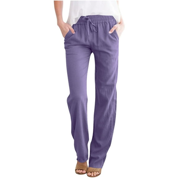 Dealovy Womens Plus Size Pants Cotton Linen P Drawstring High Waisted Lounge Pants Straight Leg Trousers