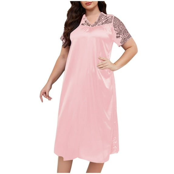 Dealovy Womens Satin Nightgowns Plus Size Lace Short Sleeve Nightshirts V Neck Pajamas Dress Soft Loungewear