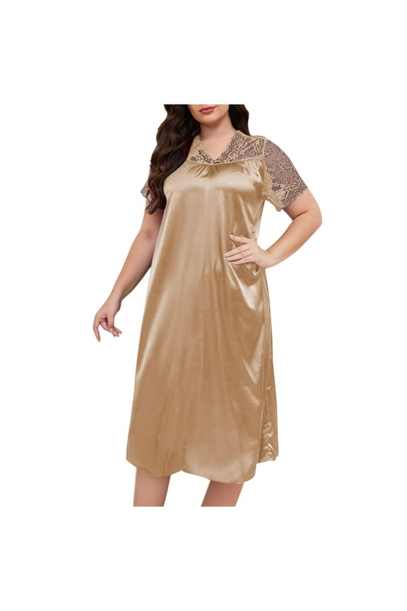 Womens Satin Nightgowns Plus Size Lace Short Sleeve Nightshirts V Neck Pajamas Dress Soft Loungewear