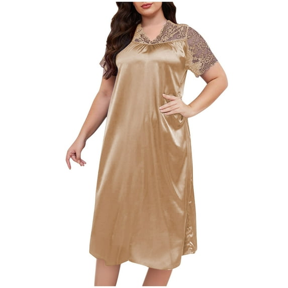 Dealovy Womens Satin Nightgowns Plus Size Lace Short Sleeve Nightshirts V Neck Pajamas Dress Soft Loungewear