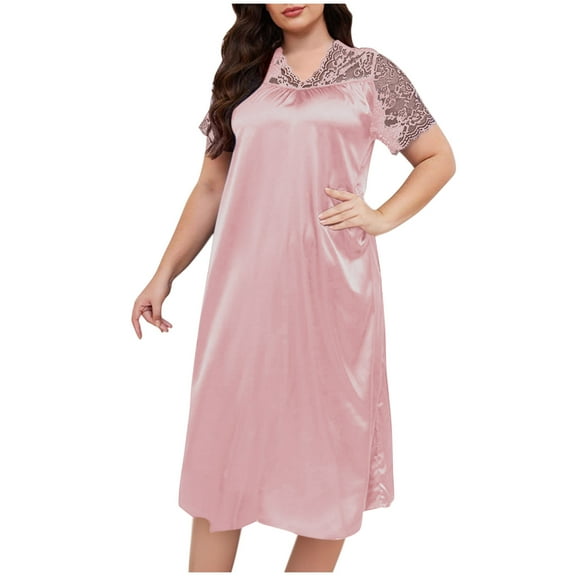 Dealovy Womens Satin Nightgowns Plus Size Lace Short Sleeve Nightshirts V Neck Pajamas Dress Soft Loungewear