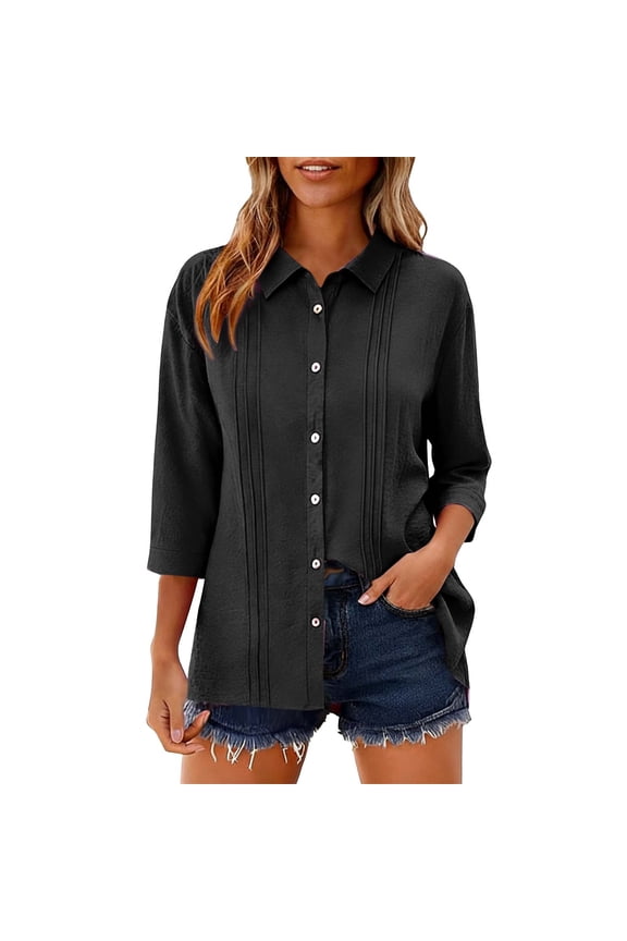 Womens Tops Button down Shirts Below-Elbow Sleeve Drop Shoulder Loose Work Casual Tee Shirts