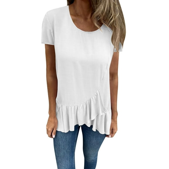 Dealovy Womens Tops Dressy Casual Short Sleeve Scoop Neck Ruffle Loose Fitted Summer Top Dressy Blouses
