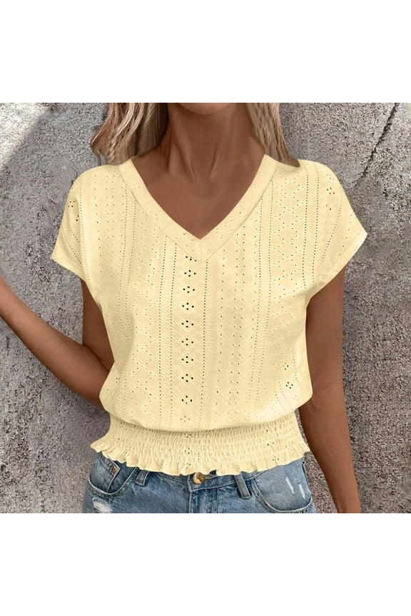 Womens Tops Eyelet V Neck Ruffle Elastic Bottom Short Sleeve Comfy Summer Travel Casual Tops