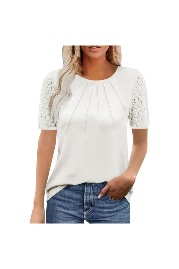 Womens Tops Short Sleeve Lace Casual Summer Tops Crew Neck Fashion Summer T-Shirts Work Office Blouses