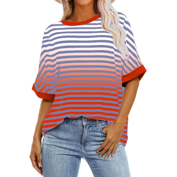 Dealovy Womens Tops Striped Drop Shoulder Oversized Loose Comfy Short Sleeve Crewneck Summer Casual Tee