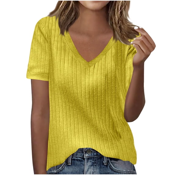 Dealovy Womens Tops V Neck Short Sleeve Casual T Shirts Ribbed Knit Loose Fitted Dressy Casual Louses Tunic Tops