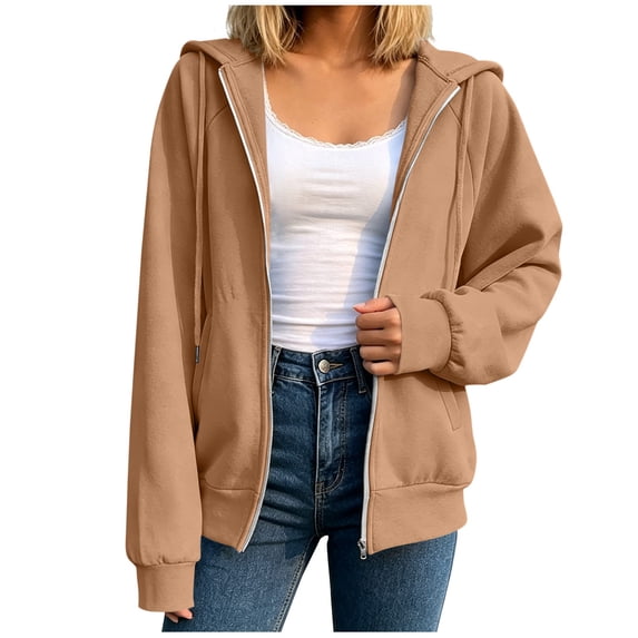 Dealovy Womens Zip up Hoodies Casual Fall Solid Color Long Sleeve Hooded Sweatshirts Loose Fitted Jacket with Pockets