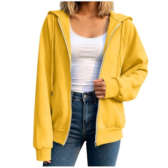 Dealovy Womens Zip up Hoodies Casual Fall Solid Color Long Sleeve Hooded Sweatshirts Loose Fitted Jacket with Pockets