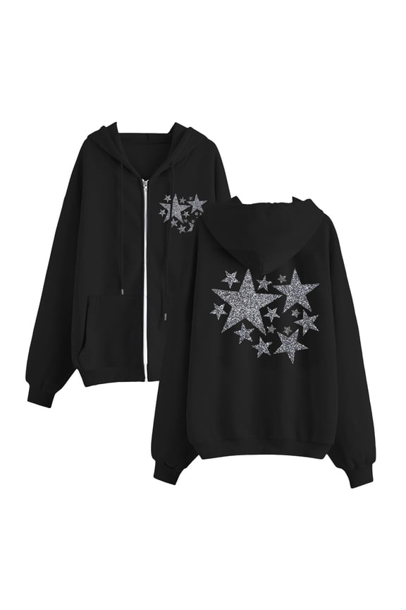Womens Zip up Hoodies Long Sleeve Sweatshirts Cute Star Printed Drawstring Hooded Jackets Oversized Vintage Streetwear